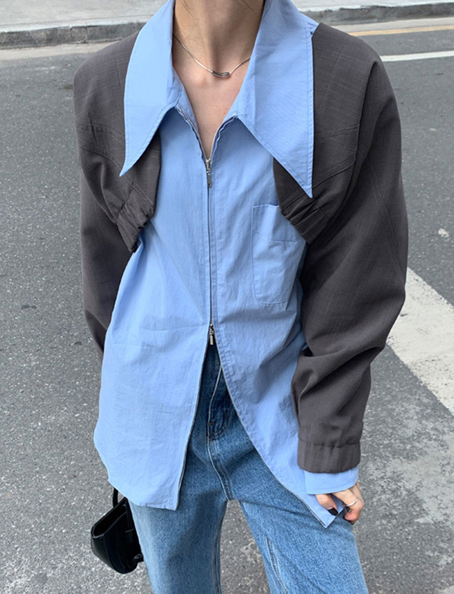와이드카라 투웨이 지퍼 사이드절개 오버핏 셔츠 (블루,화이트),20대여성의류쇼핑몰